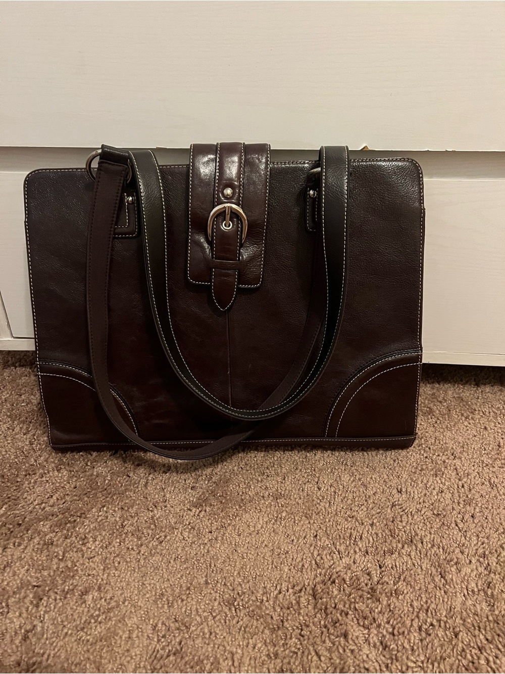 Dark Brown Leather Briefcase Tote - Classic Work Bag